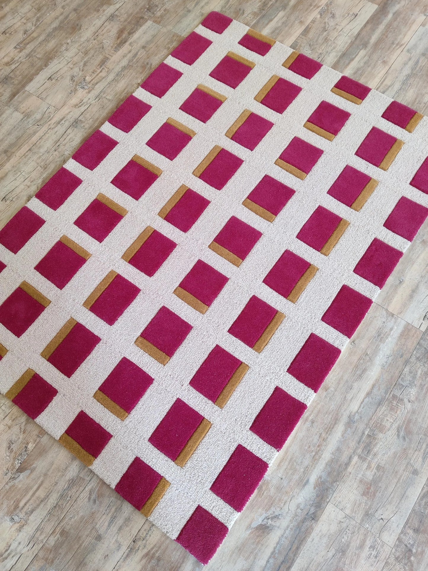 Magenta & Mustard Geometric Block Modern High-Low Textured Area Carpet