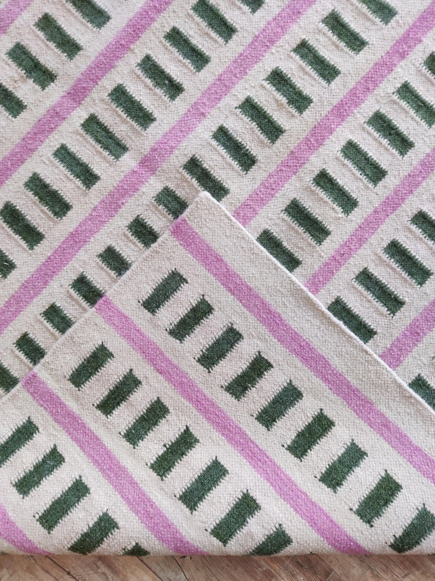 Nordic Candy Stripe Modern Pink & Moss Green Wool Cotton Dhurrie Rug