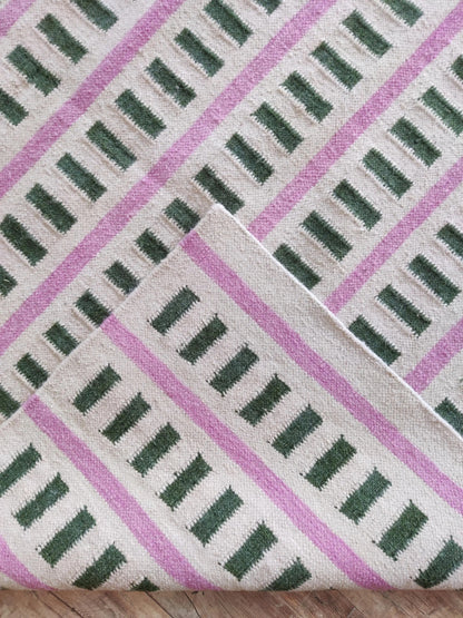 Nordic Candy Stripe Modern Pink & Moss Green Wool Cotton Dhurrie Rug