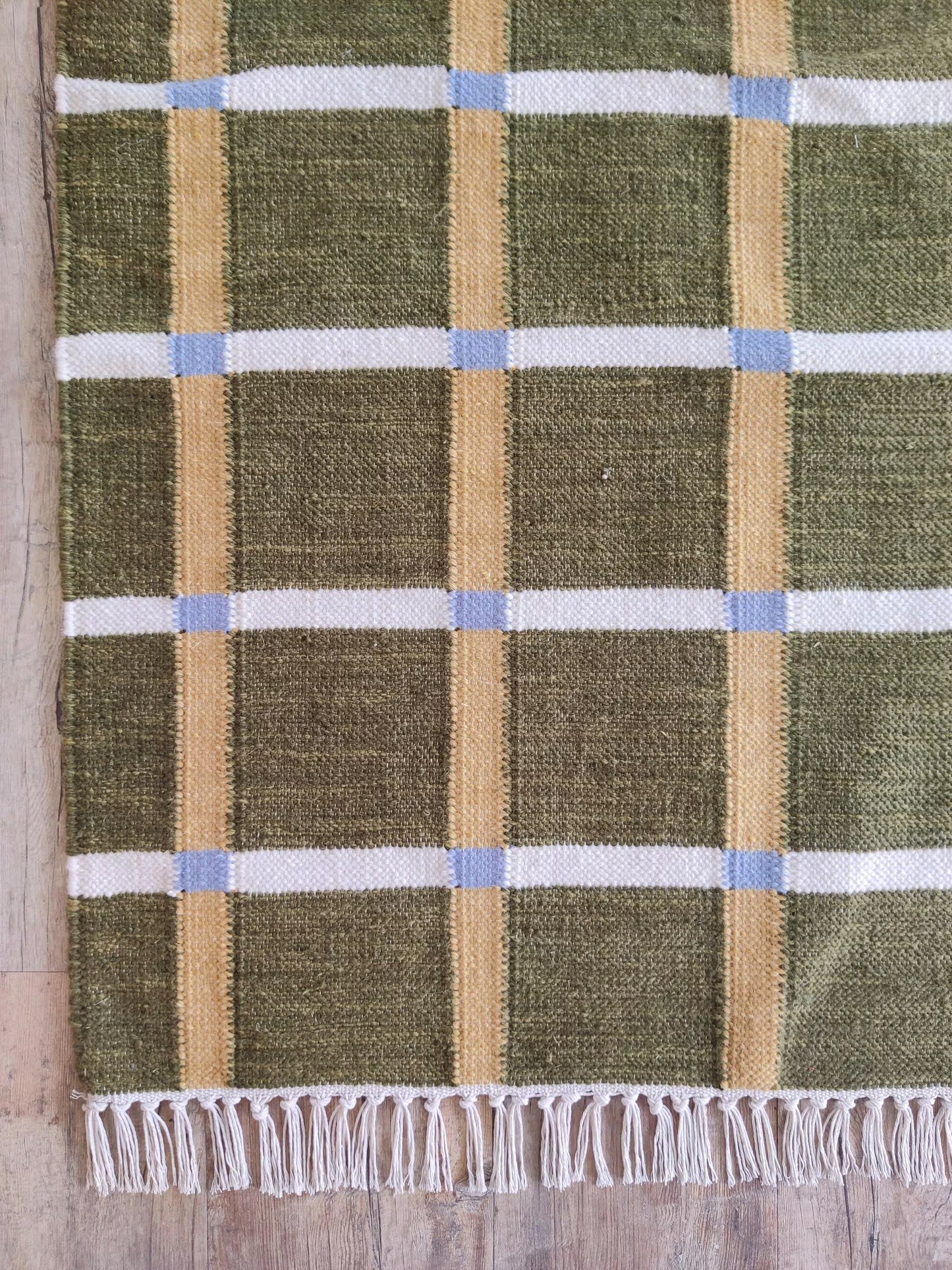 Moss & Ochre Plaid - Modern Olive Green & Mustard Wool Cotton Dhurrie Rug