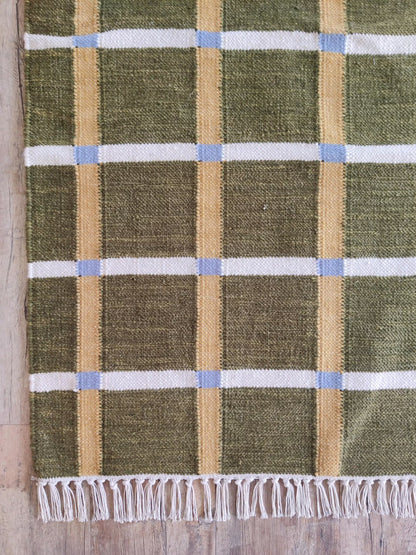 Moss & Ochre Plaid - Modern Olive Green & Mustard Wool Cotton Dhurrie Rug
