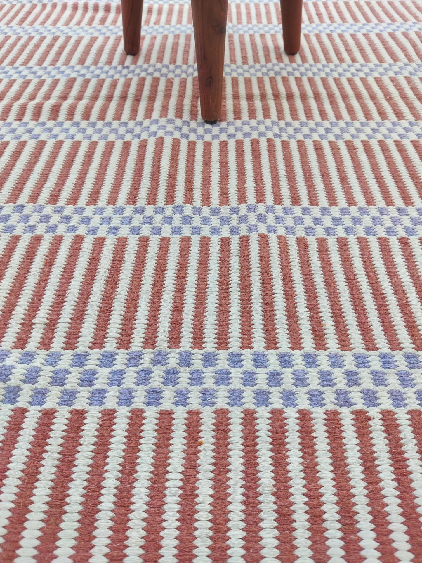 Striped Handloom Carpet - Terracotta & Blue Flatweave