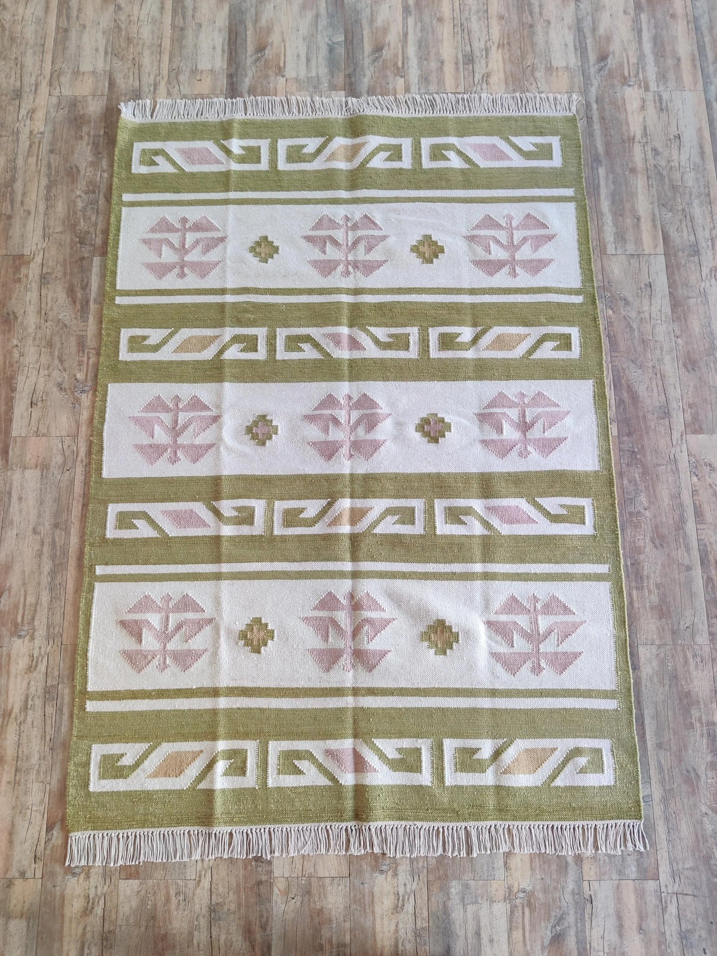 Moss Nordic Folkway Pastel Mauve & Olive Green Wool Cotton Dhurrie Rug