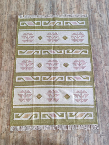 Moss Nordic Folkway Pastel Mauve & Olive Green Wool Cotton Dhurrie Rug