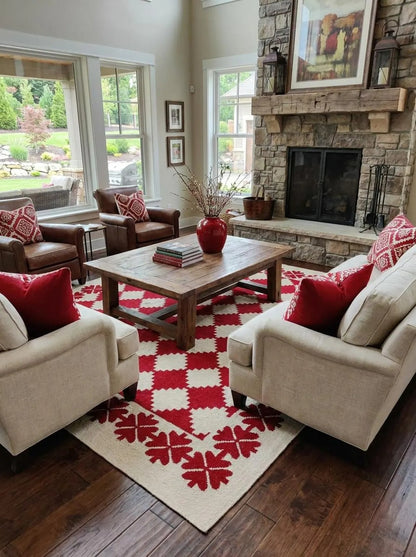 Traditional Ruby Red & Cream Wool Cotton Dhurrie Rug