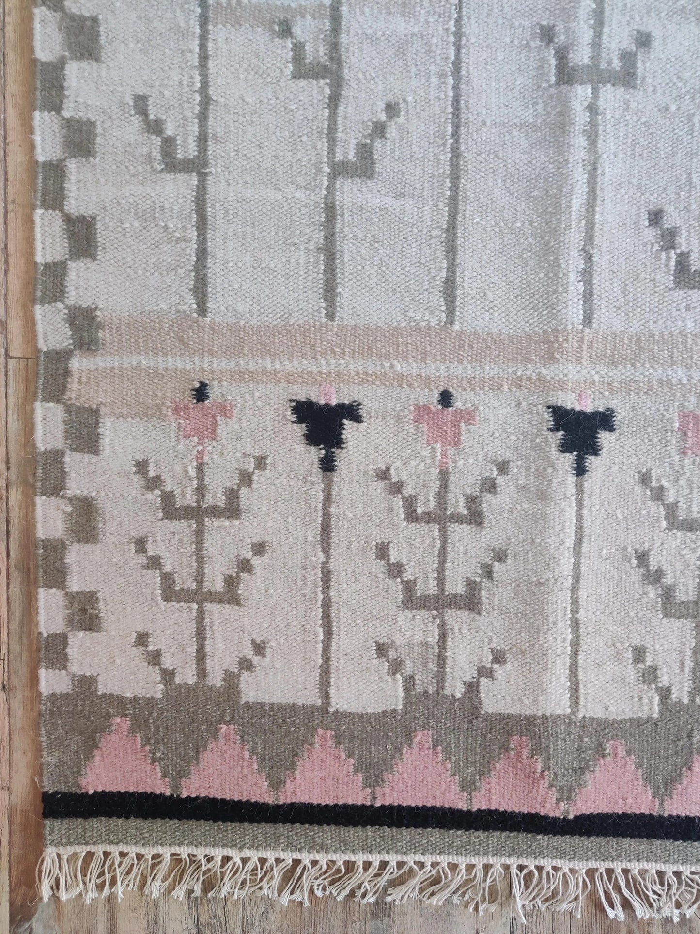 Pastel Tulip Meadow Modern Pink & Grey Botanical Wool Cotton Dhurrie Rug