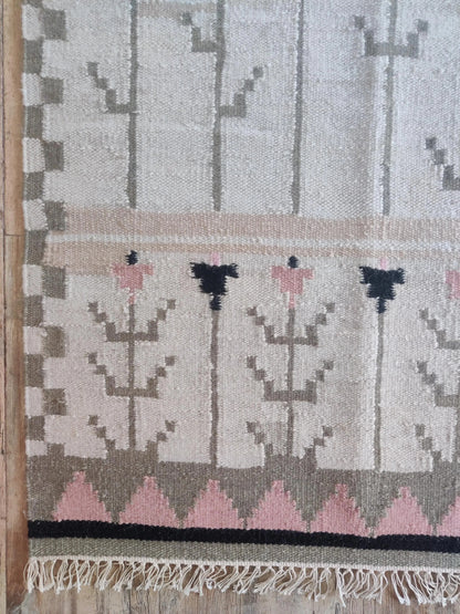 Pastel Tulip Meadow Modern Pink & Grey Botanical Wool Cotton Dhurrie Rug