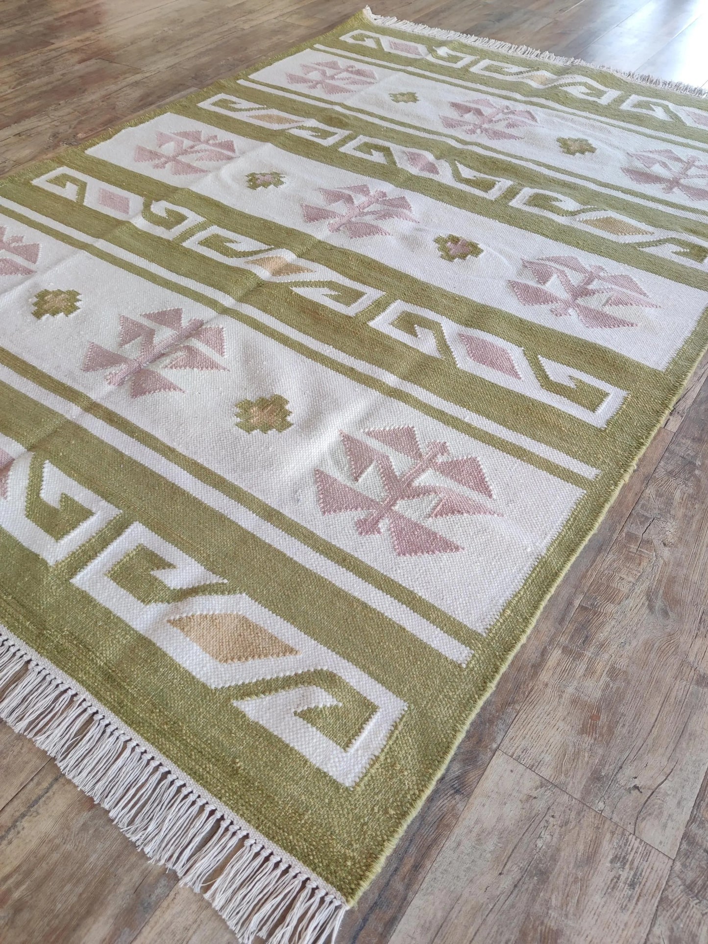 Moss Nordic Folkway Pastel Mauve & Olive Green Wool Cotton Dhurrie Rug