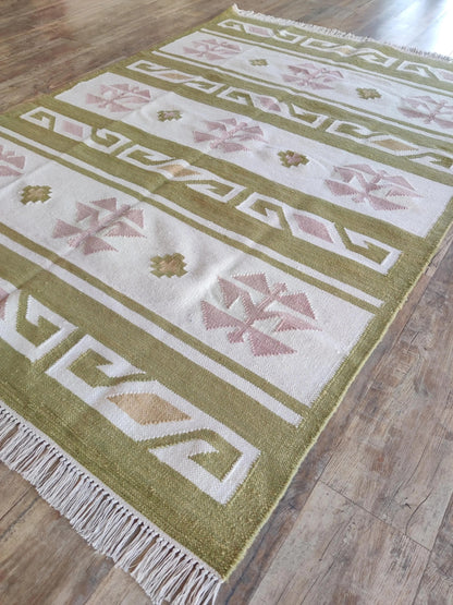Moss Nordic Folkway Pastel Mauve & Olive Green Wool Cotton Dhurrie Rug