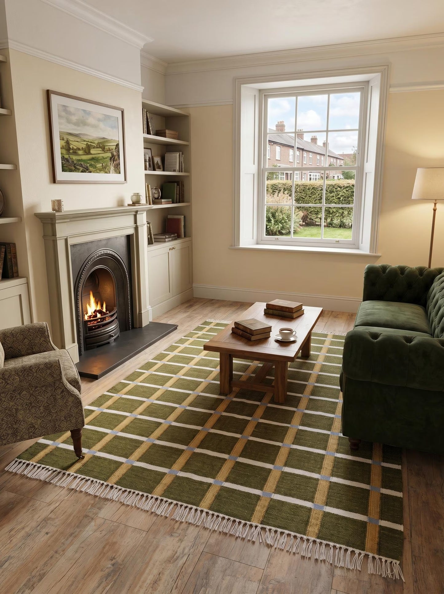Moss & Ochre Plaid - Modern Olive Green & Mustard Wool Cotton Dhurrie Rug