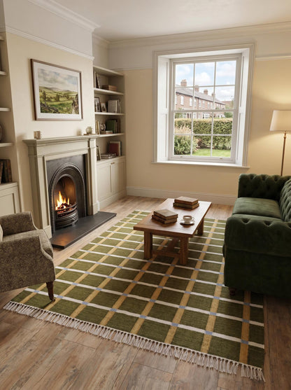 Moss & Ochre Plaid - Modern Olive Green & Mustard Wool Cotton Dhurrie Rug