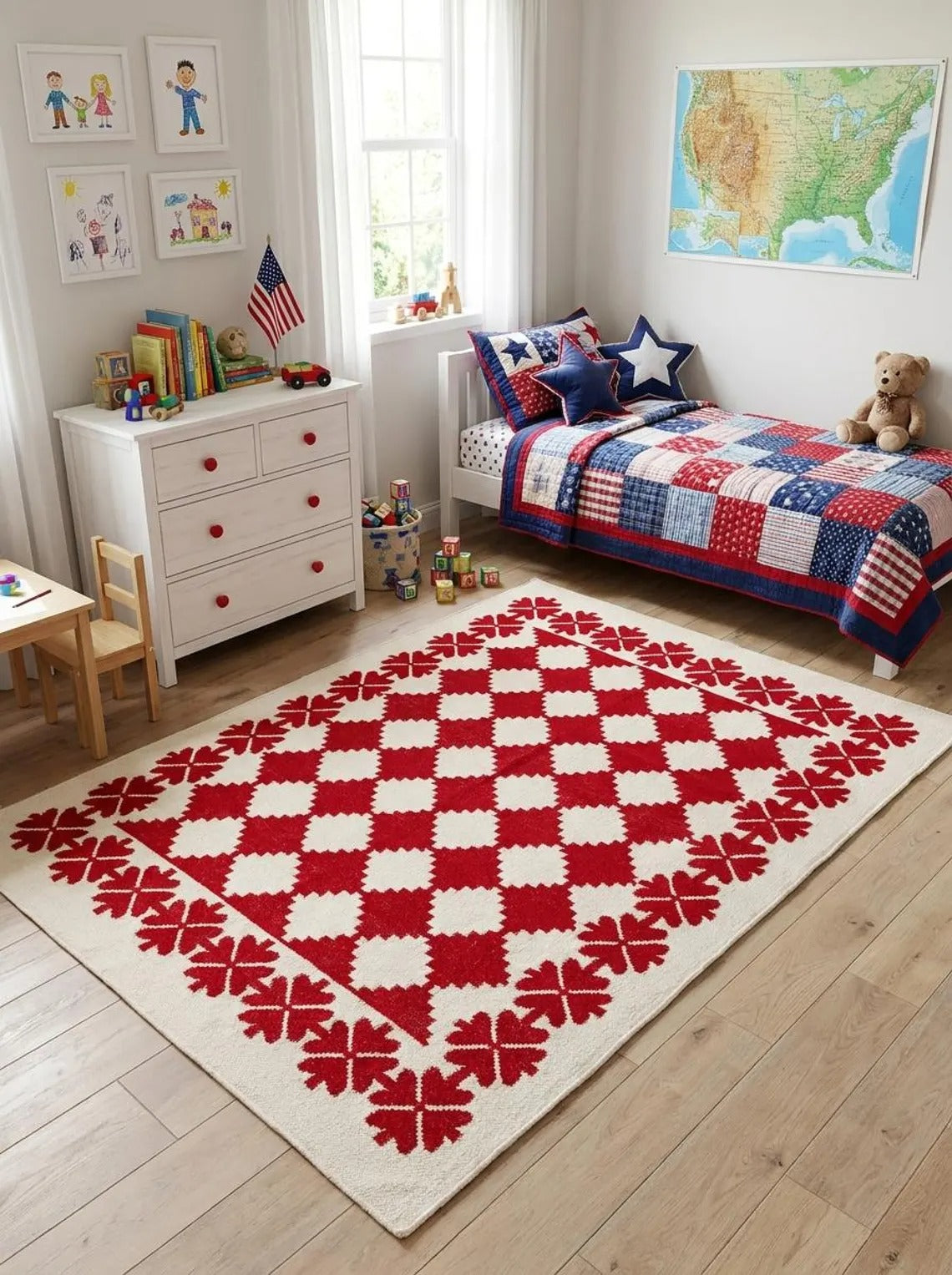 Traditional Ruby Red & Cream Wool Cotton Dhurrie Rug