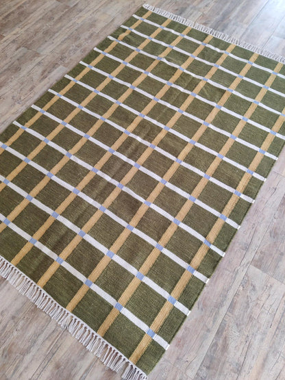Moss & Ochre Plaid - Modern Olive Green & Mustard Wool Cotton Dhurrie Rug