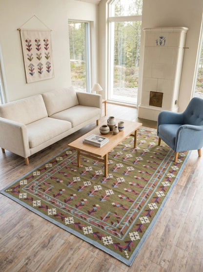 Olive Meadow Vine Traditional Botanical Motif Flatweave Area Rug
