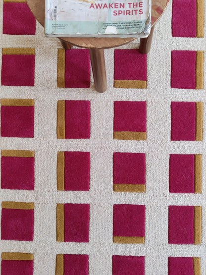 Magenta & Mustard Geometric Block Modern High-Low Textured Area Carpet