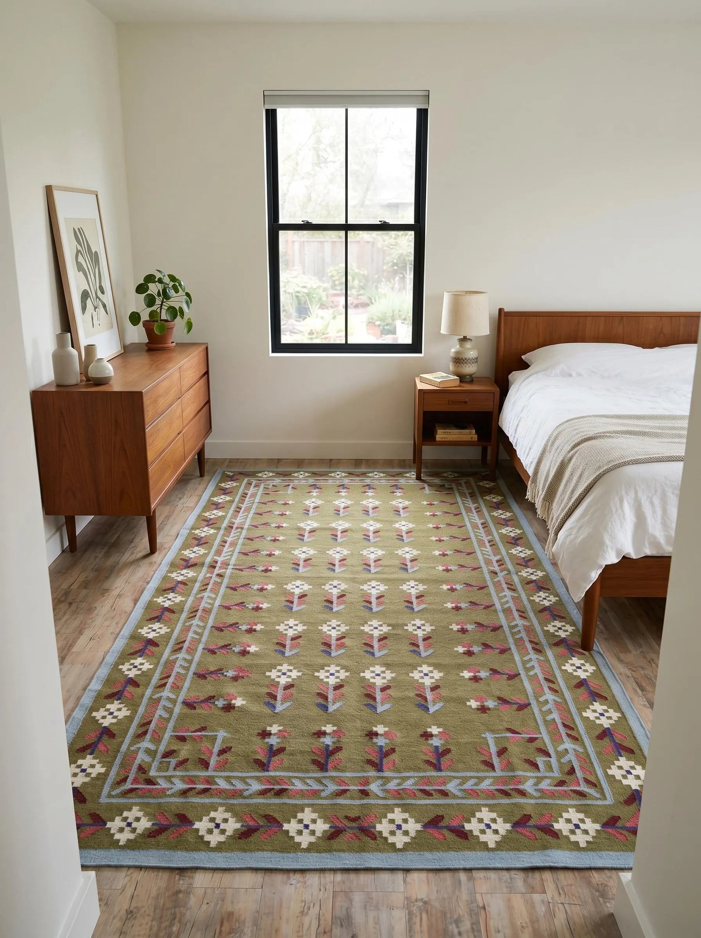 Olive Meadow Vine Traditional Botanical Motif Flatweave Area Rug