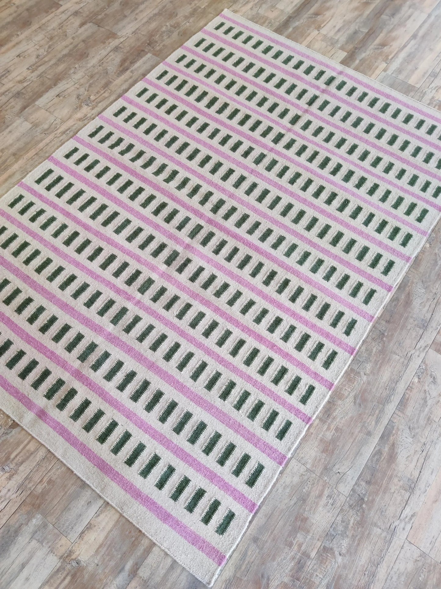 Nordic Candy Stripe Modern Pink & Moss Green Wool Cotton Dhurrie Rug
