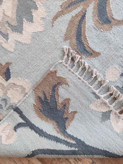 French Blue Peony Vintage Floral Wool Cotton Dhurrie Rug,