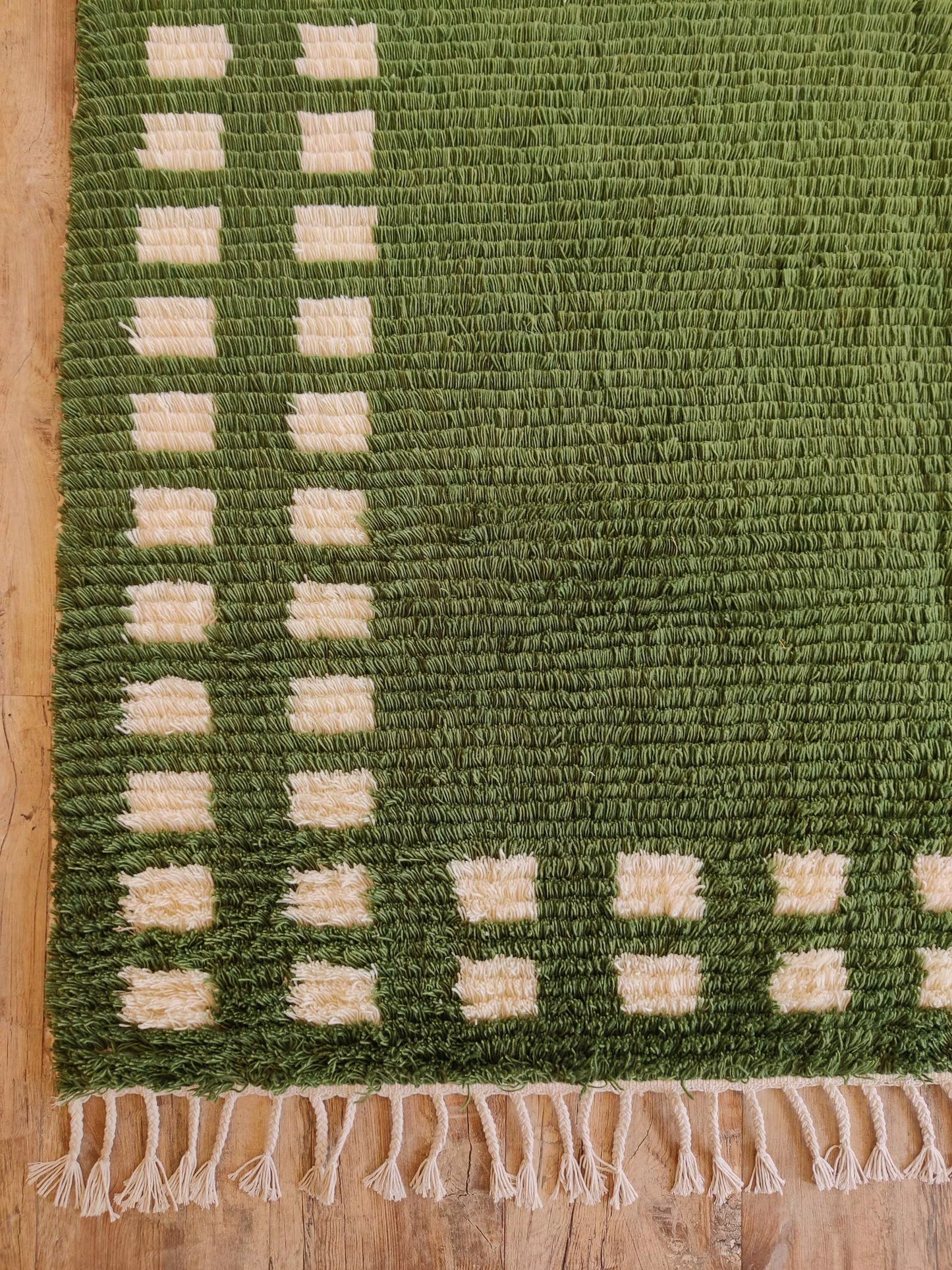 Moss Green Checker Border Modern Shaggy Area Carpet for Living Room