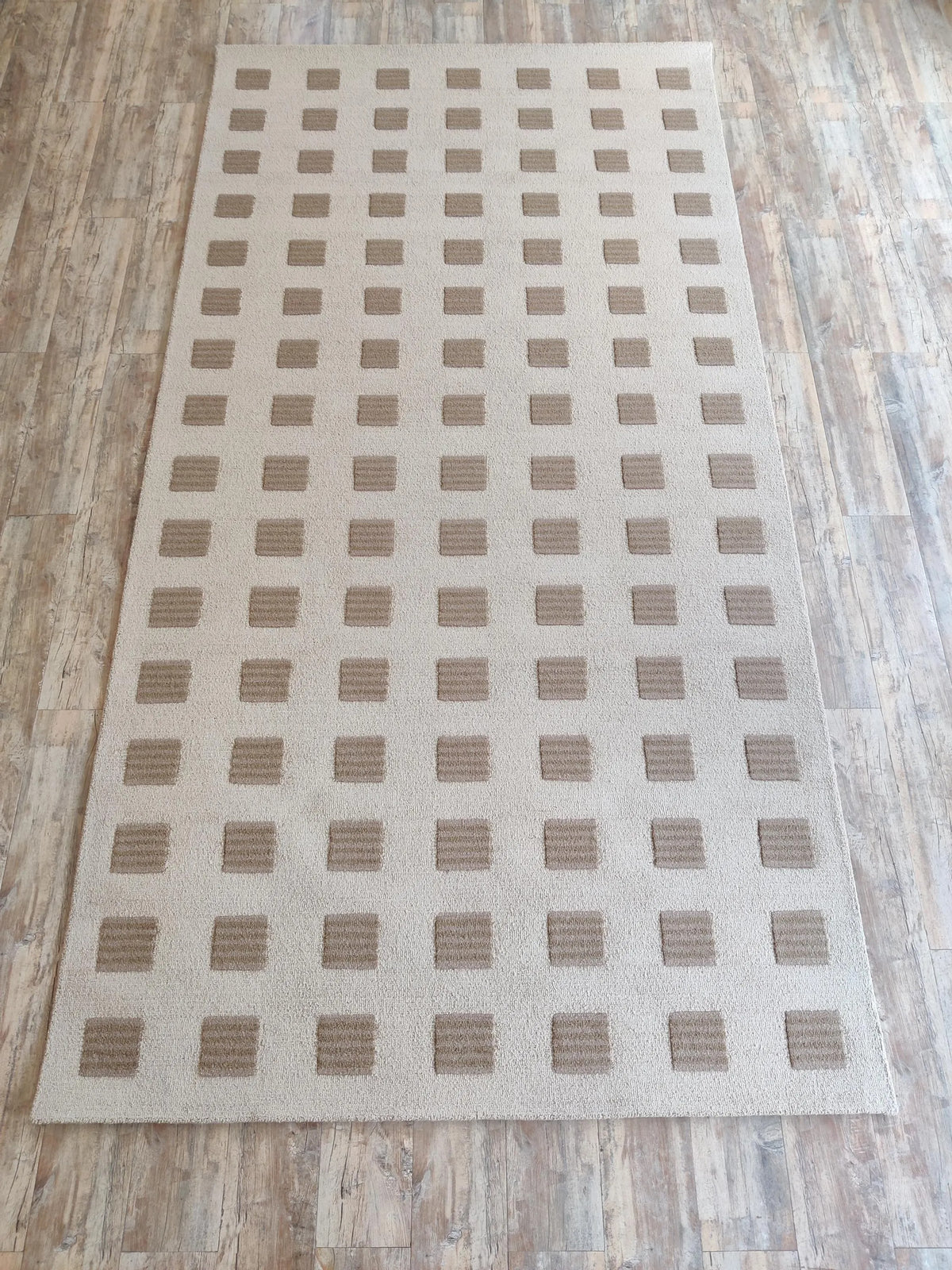Modern Organic Grid Tufted Rug Handmade Wool Ivory Taupe Carpet