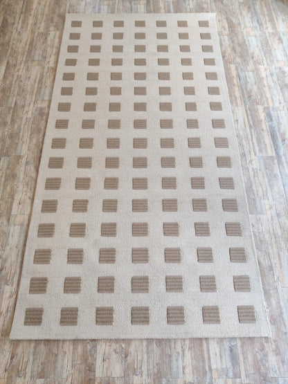 Modern Organic Grid Tufted Rug Handmade Wool Ivory Taupe Carpet