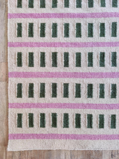 Nordic Candy Stripe Modern Pink & Moss Green Wool Cotton Dhurrie Rug