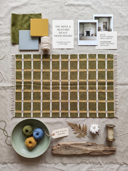 Moss & Ochre Plaid - Modern Olive Green & Mustard Wool Cotton Dhurrie Rug