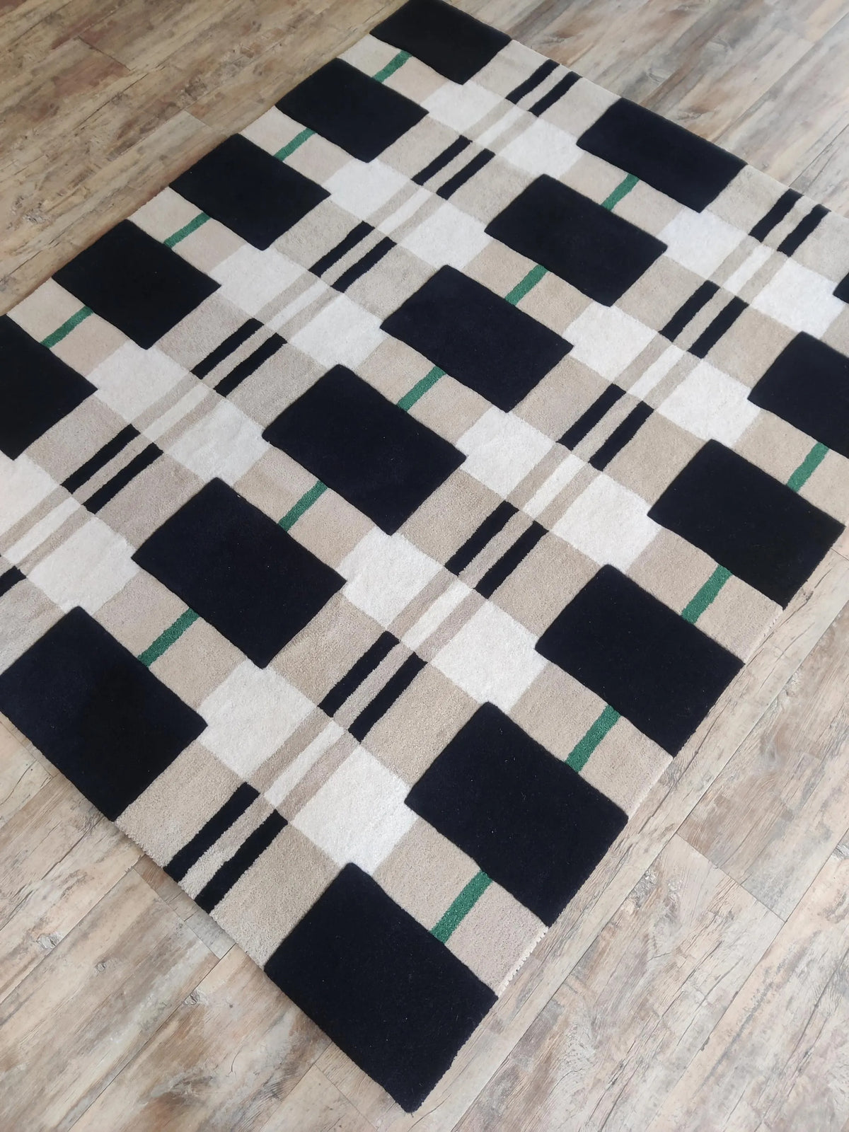 Monochrome Black & Beige Grid Tufted Carpet, Minimalist Plaid Living Room Floor Rug