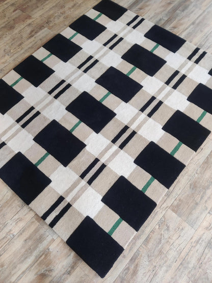 Monochrome Black & Beige Grid Tufted Carpet, Minimalist Plaid Living Room Floor Rug