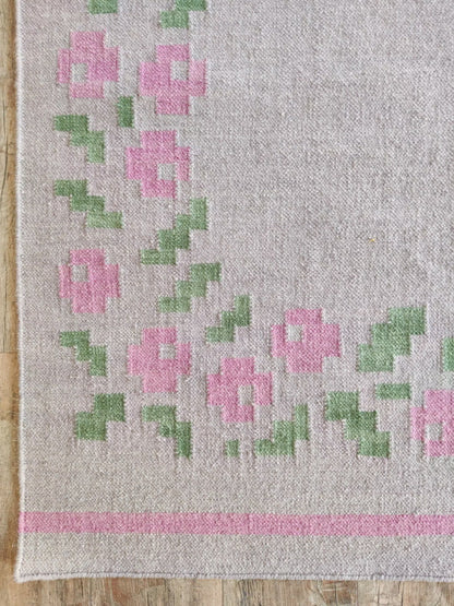 Pastel Rose Garland Aesthetic Pink & Sage Green Wool Cotton Dhurrie Rug