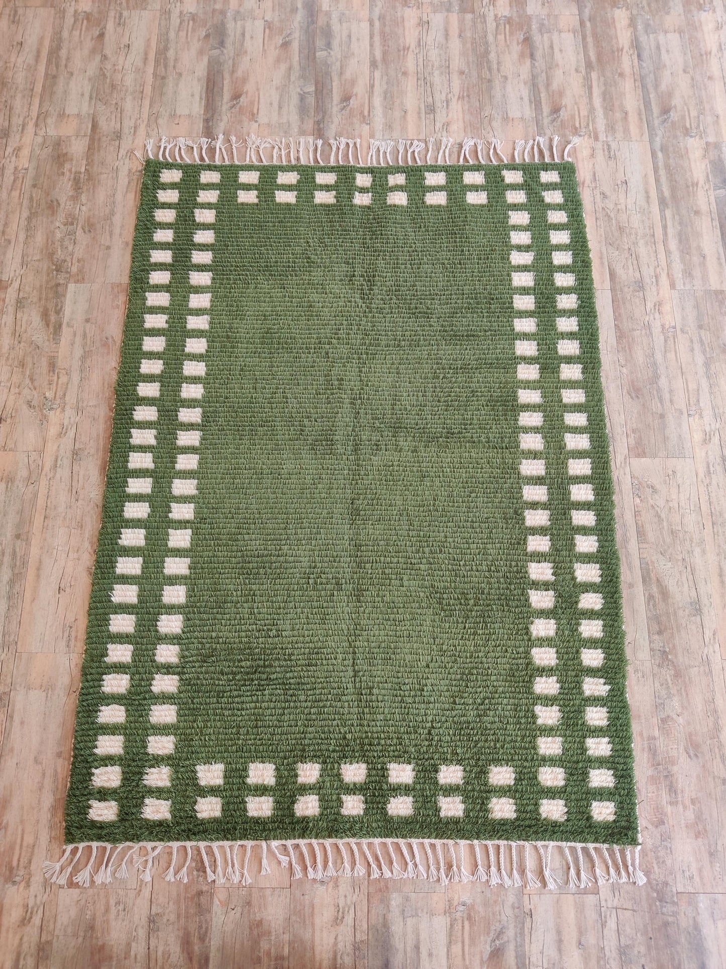 Moss Green Checker Border Modern Shaggy Area Carpet for Living Room