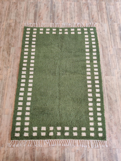 Moss Green Checker Border Modern Shaggy Area Carpet for Living Room