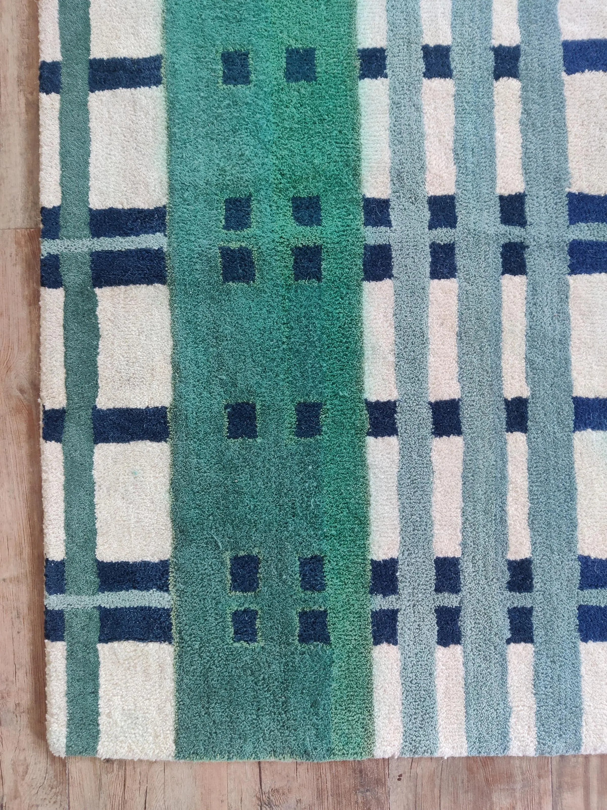 Emerald Green, Slate Blue & Cream Geometric Plaid Carpet, Luxury Contemporary Living Room Wool Rug
