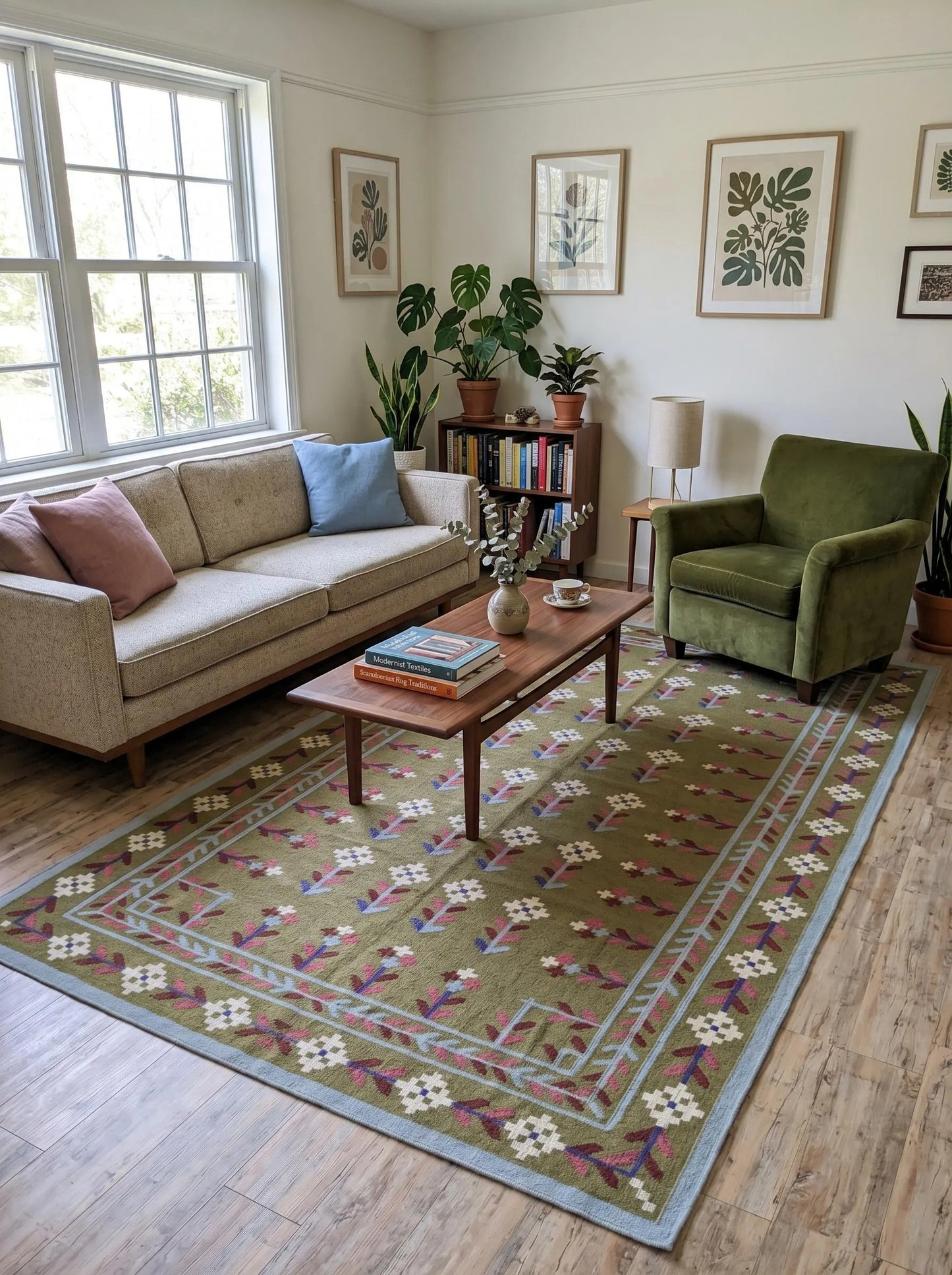Olive Meadow Vine Traditional Botanical Motif Flatweave Area Rug