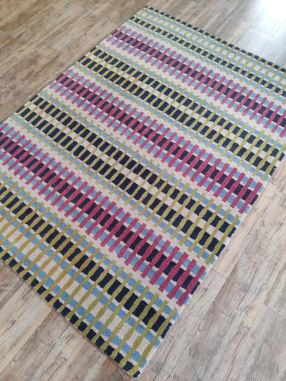 Magenta Pink & Lime Green Striped Tufted Carpet, Retro Geometric Living Room Floor Rug