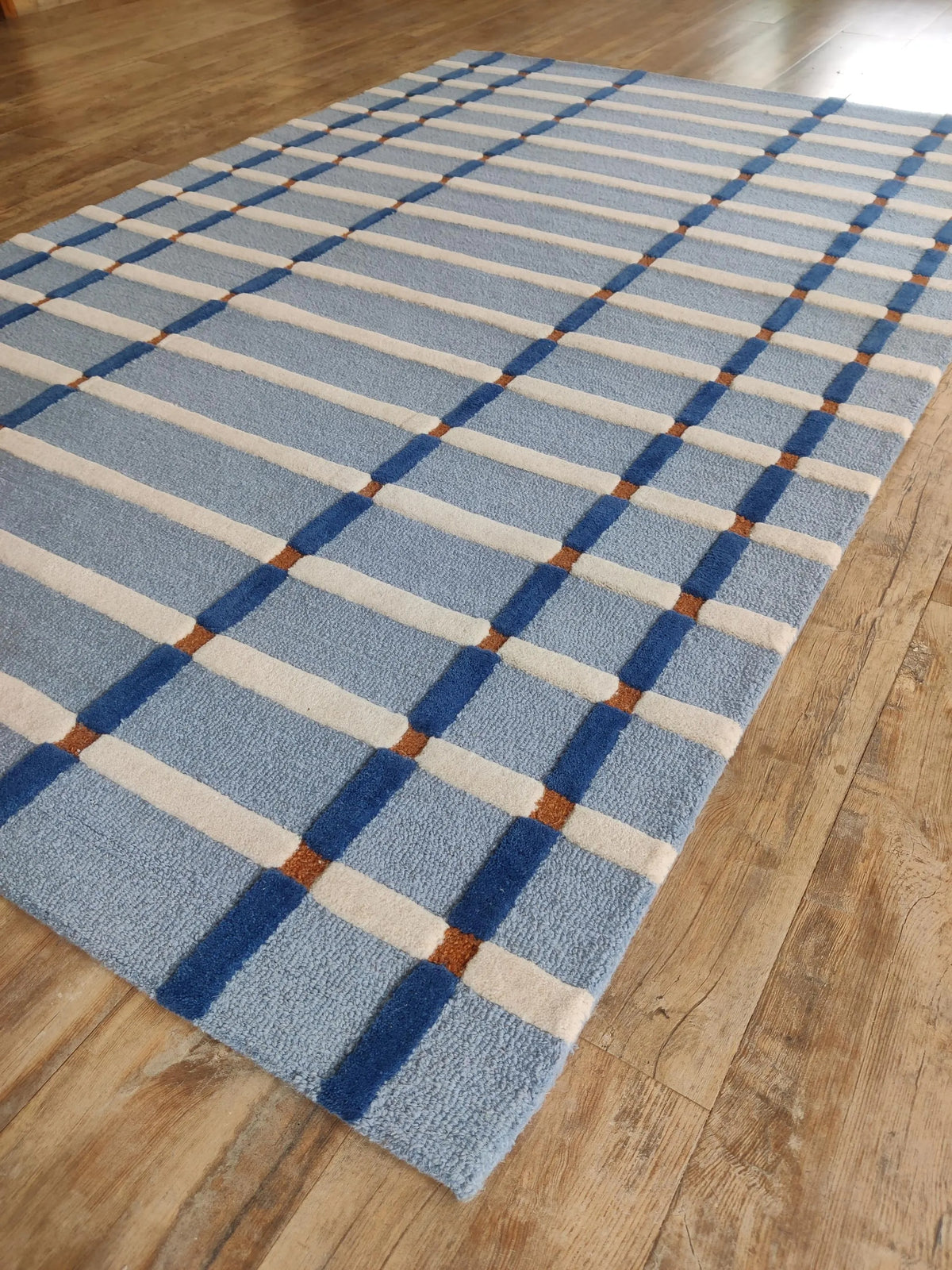 Powder Blue & Ivory Tartan Carpet, Aesthetic Coastal Checkered Tufted Rug for Living Room
