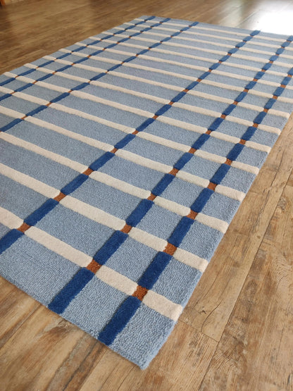 Powder Blue & Ivory Tartan Carpet, Aesthetic Coastal Checkered Tufted Rug for Living Room