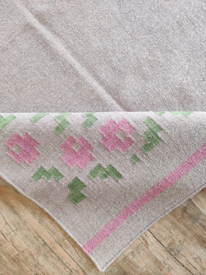 Pastel Rose Garland Aesthetic Pink & Sage Green Wool Cotton Dhurrie Rug
