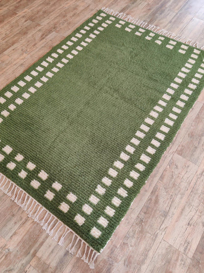 Moss Green Checker Border Modern Shaggy Area Carpet for Living Room
