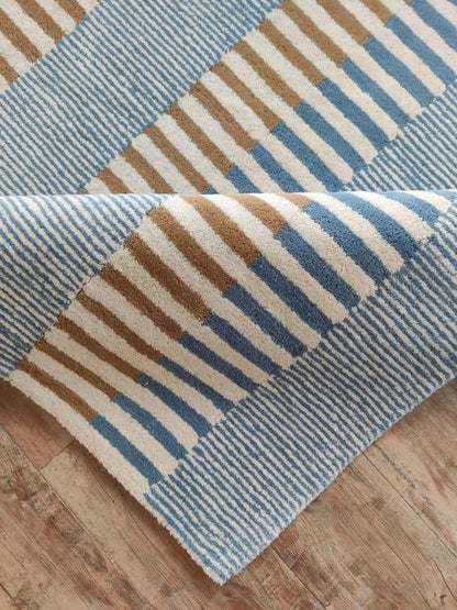 Coastal Horizon Hand-Tufted Wool Rug - Light Blue, Caramel & Cream Block Striped Carpet