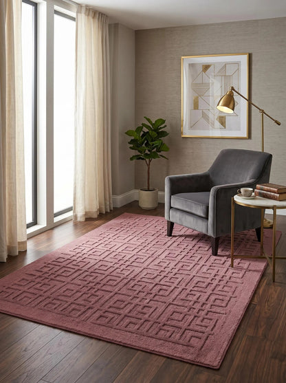 Dusty Rose Pink Nursery Rug, 3D Carved Geometric Living Room Carpet