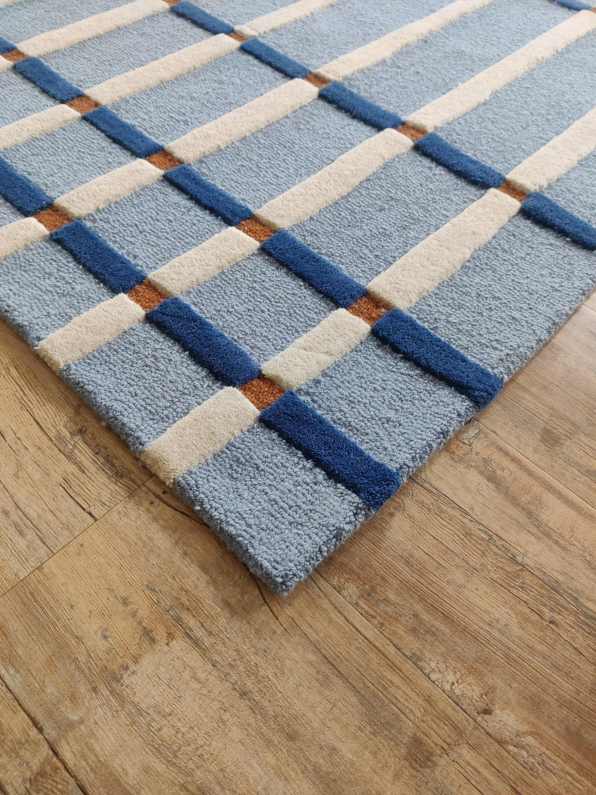 Powder Blue & Ivory Tartan Carpet, Aesthetic Coastal Checkered Tufted Rug for Living Room