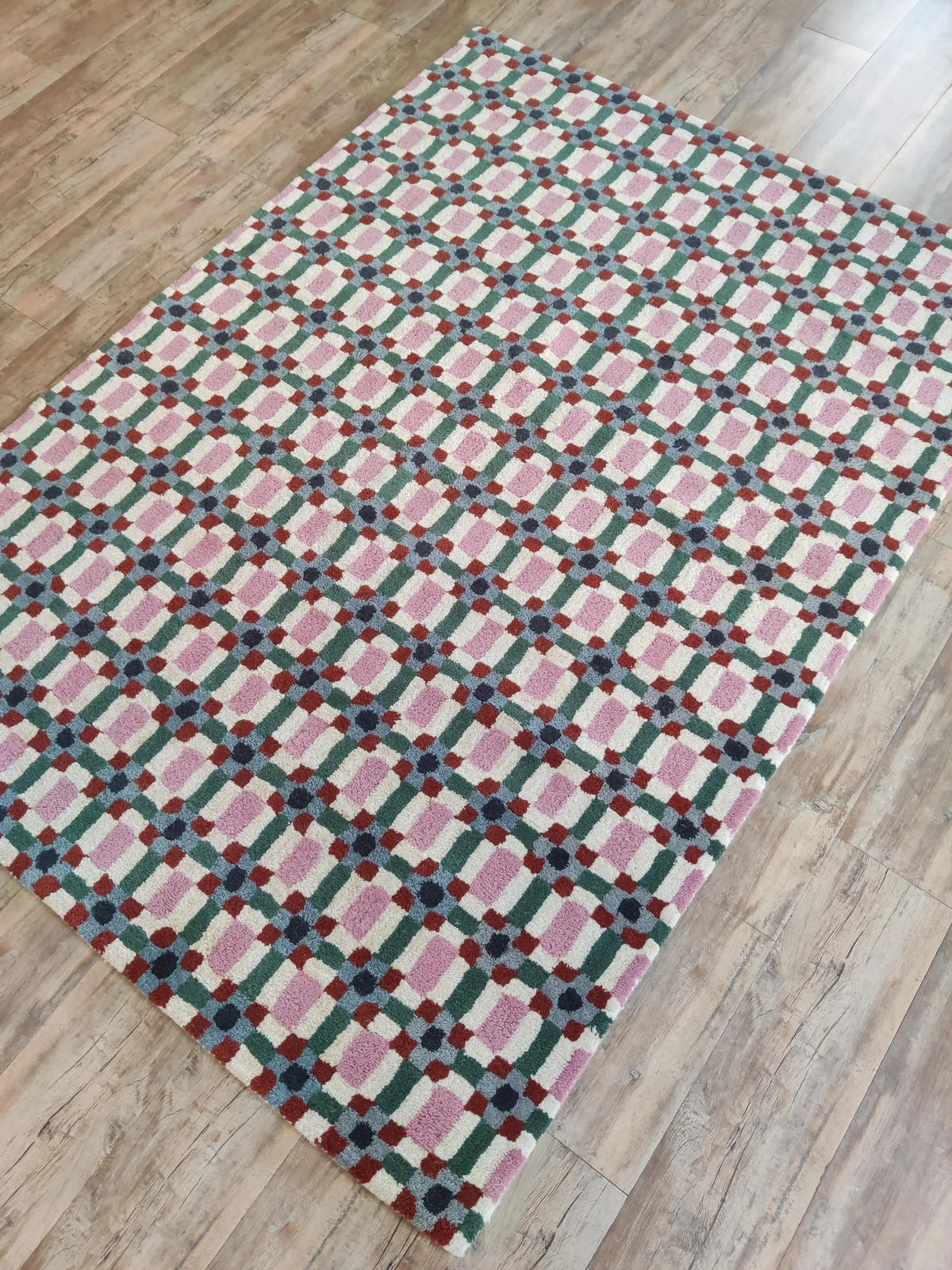 Pastel Pink & Green Checkered Rug, Modern Geometric Grid Living Room Carpet