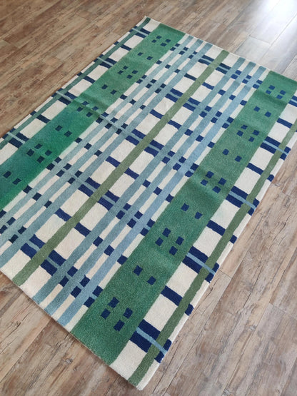 Emerald Green, Slate Blue & Cream Geometric Plaid Carpet, Luxury Contemporary Living Room Wool Rug