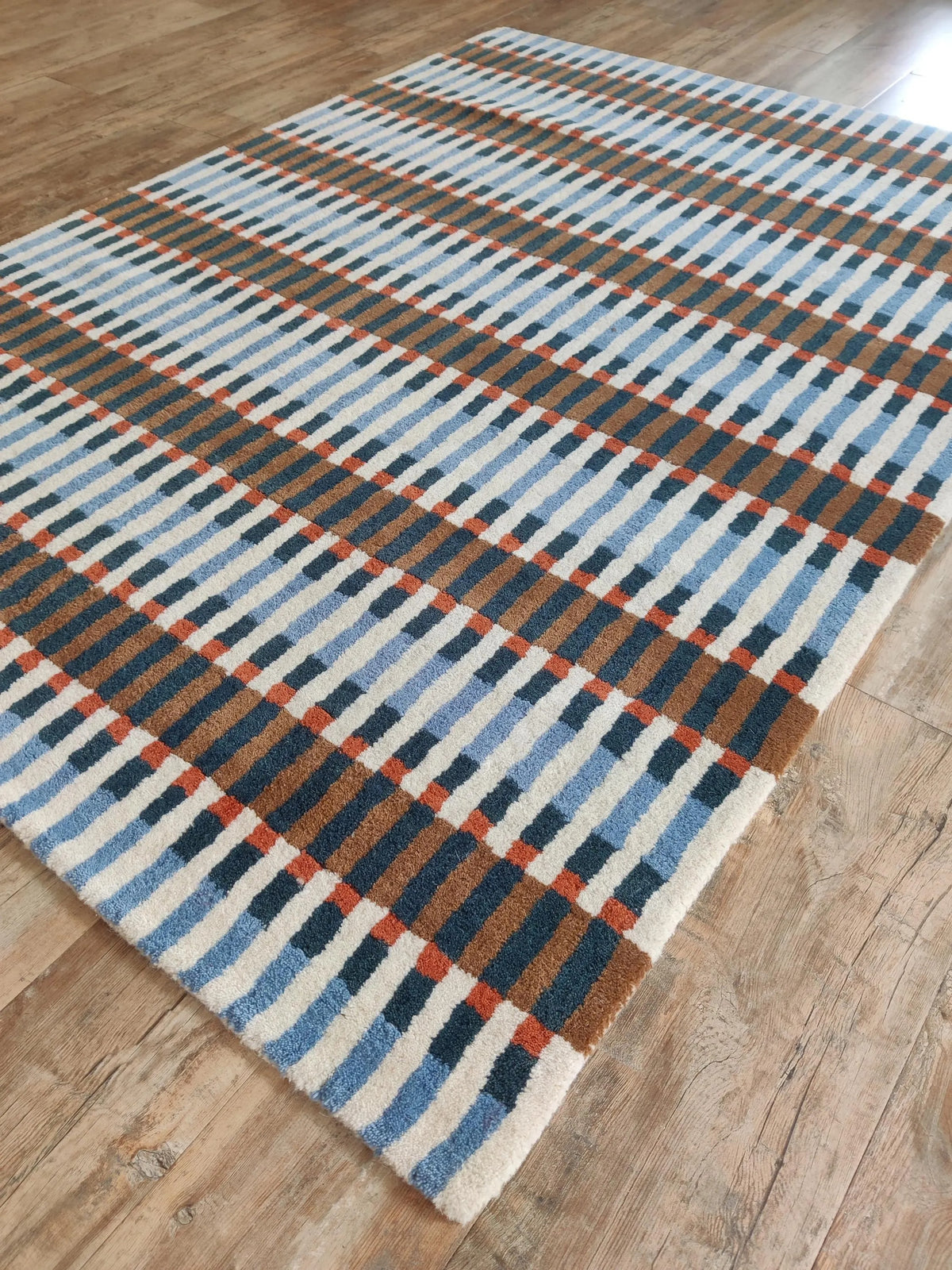 Bauhaus Barcode Hand-Tufted Wool Rug Navy Blue Terracotta & Cream Linear Block Carpet