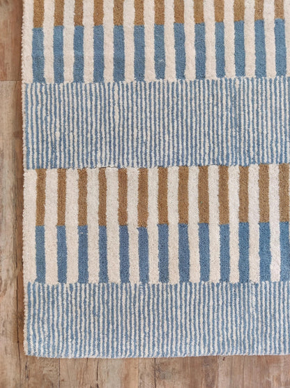 Coastal Horizon Hand-Tufted Wool Rug - Light Blue, Caramel & Cream Block Striped Carpet