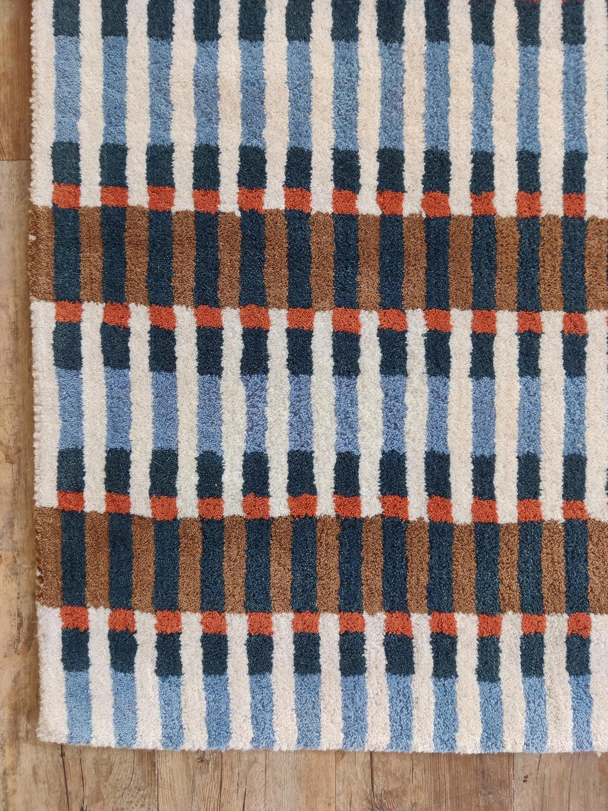 Bauhaus Barcode Hand-Tufted Wool Rug Navy Blue Terracotta & Cream Linear Block Carpet
