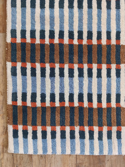 Bauhaus Barcode Hand-Tufted Wool Rug Navy Blue Terracotta & Cream Linear Block Carpet