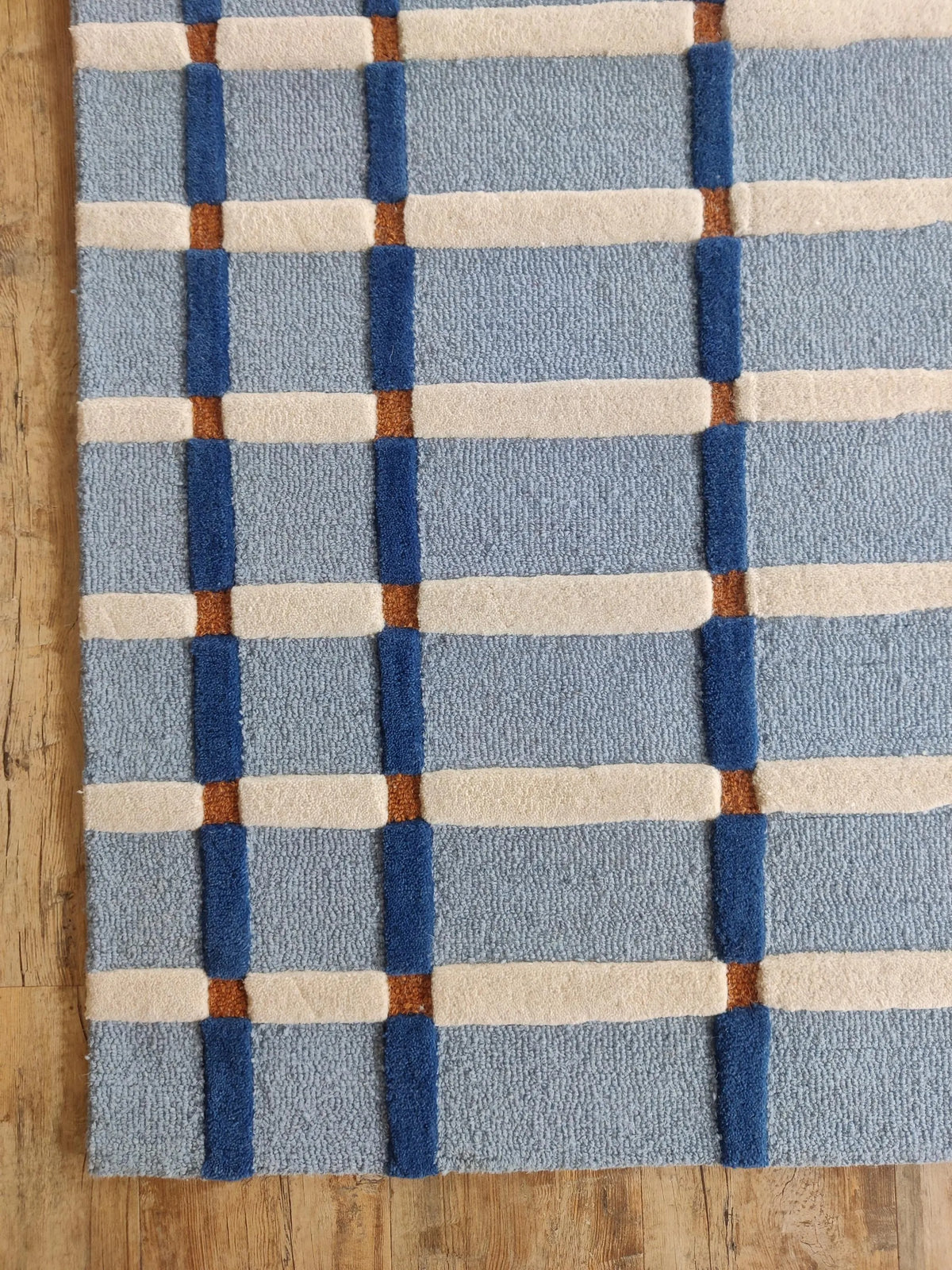 Powder Blue & Ivory Tartan Carpet, Aesthetic Coastal Checkered Tufted Rug for Living Room