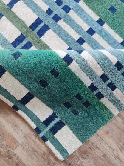 Emerald Green, Slate Blue & Cream Geometric Plaid Carpet, Luxury Contemporary Living Room Wool Rug